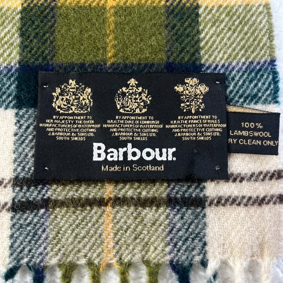 Barbour Lambswool Tartan Plaid Scarf Made in Scotland Green Cream - Picture 4 of 5